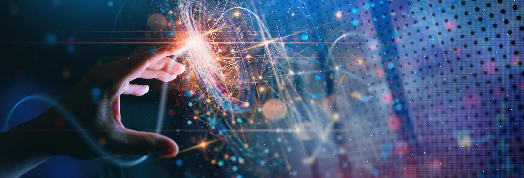 Woman hand touching the metaverse universe data image