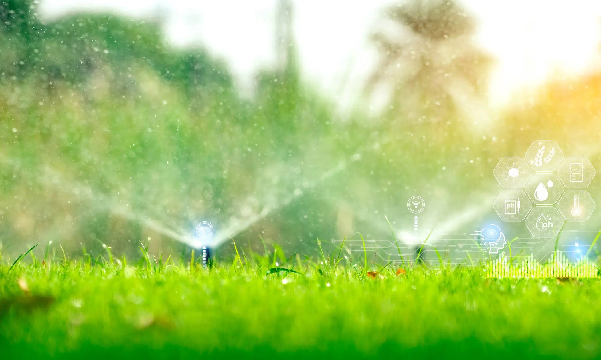 Irrigation system icon graphics with water spraying on grass image