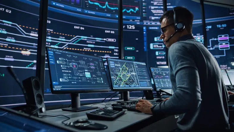 IT Technical Support Specialist on Computer in Control Room with Digital Screens image