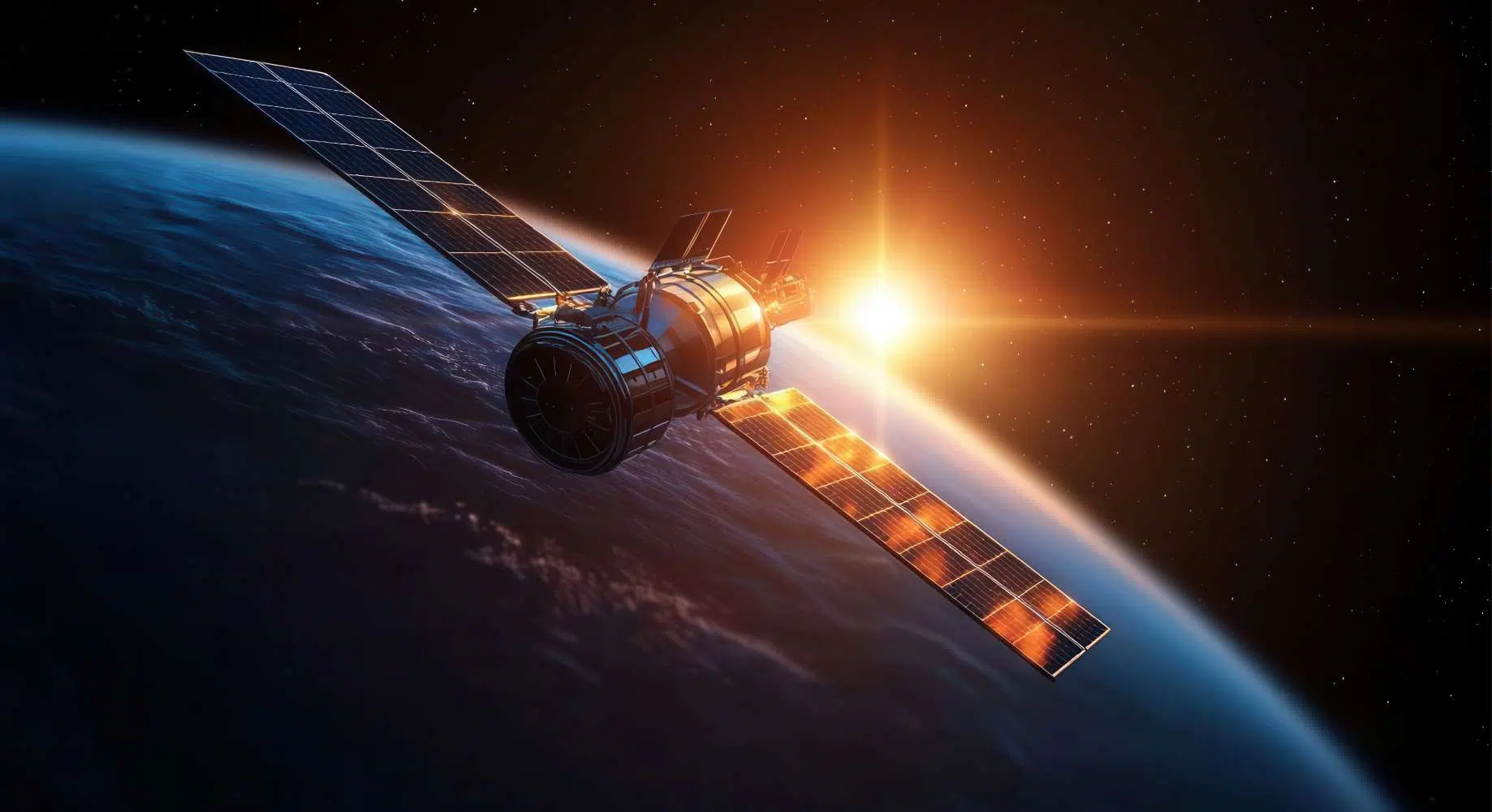 satellite in space with Earth in background and sun image